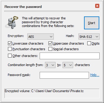 The password recovery options screen of the Password Cruncher software 