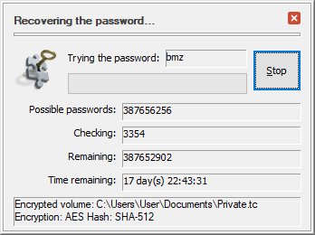The password recovery progress screen 